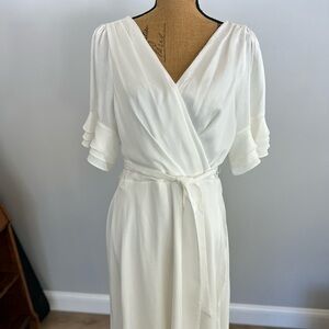 DKNY white silky cocktail wedding short sleeve wrap ruffle short sleeve dress